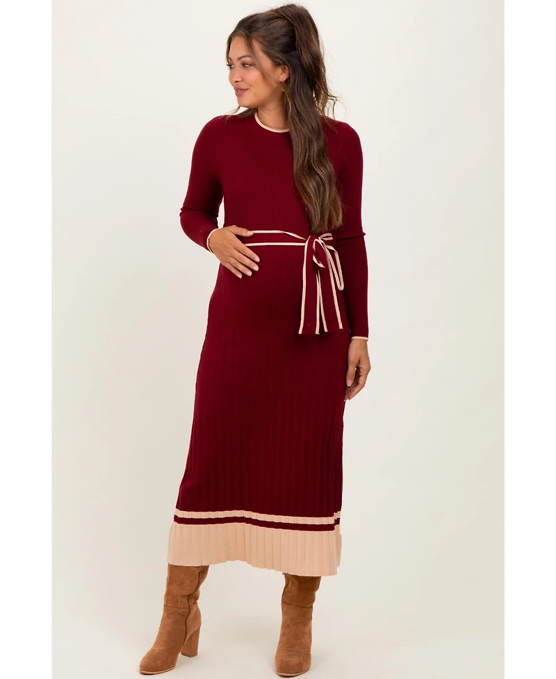 Pinkblush Maternity Burgundy Elegant Ribbed Midi Sweater Dress With Belt