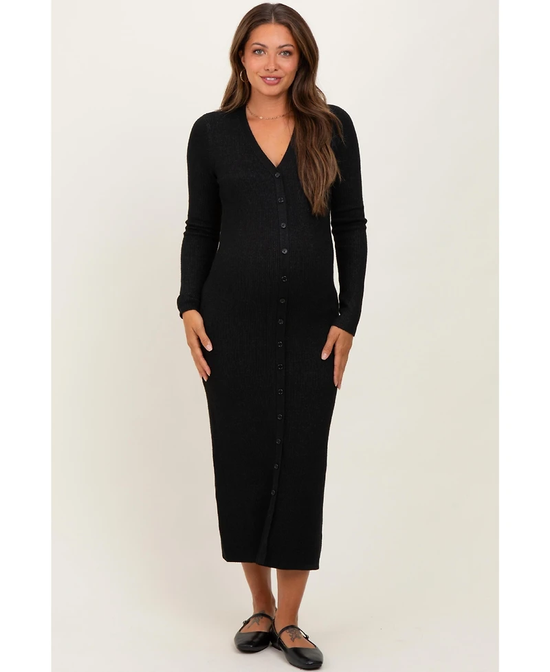 Pinkblush Maternity Black Ribbed Knit Button Down Long Sleeve Midi Dress