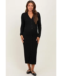 Pinkblush Maternity Black Ribbed Knit Button Down Long Sleeve Midi Dress