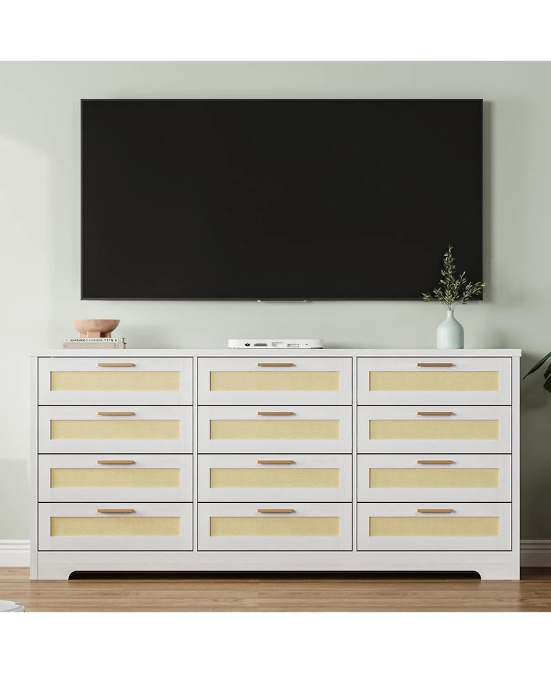 12-Drawer Rattan Bedroom Dresser, Modern Wood Storage Chest with Woven Panel Fronts for Nursery, Entryway, or Living Room, Natural