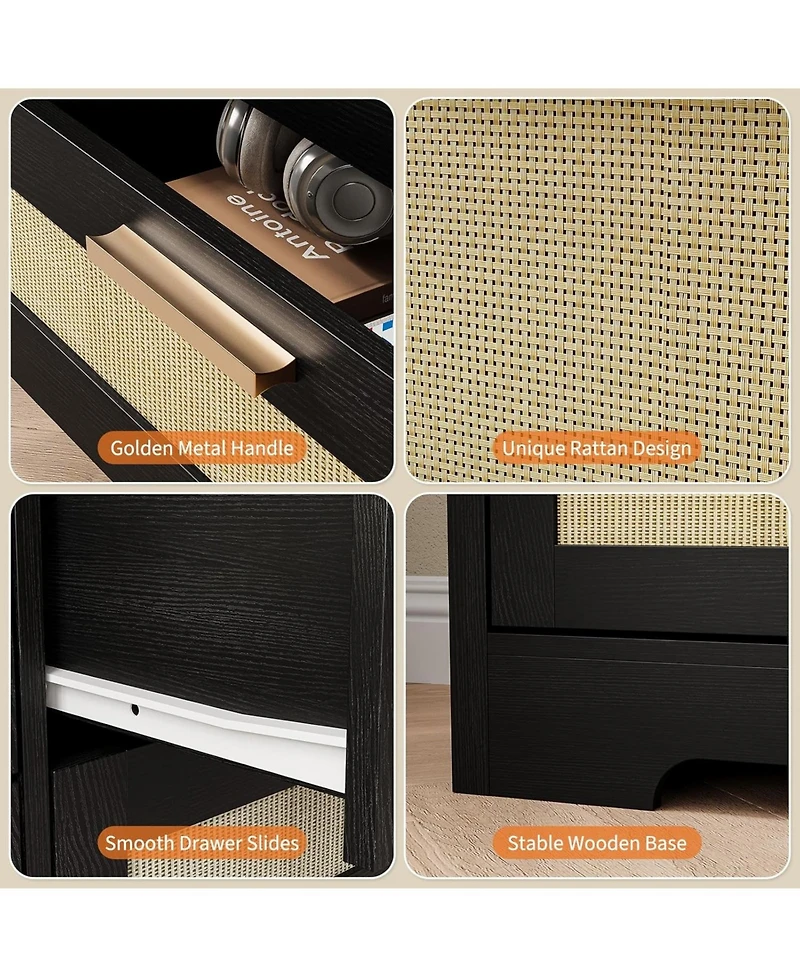 12-Drawer Rattan Bedroom Dresser, Modern Wood Storage Chest with Woven Panel Fronts for Nursery, Entryway, or Living Room, Natural