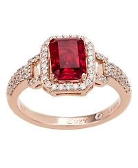 Suzy Levian Rose Sterling Silver Emerald-Cut Red and White Cubic Zirconia Halo Ring