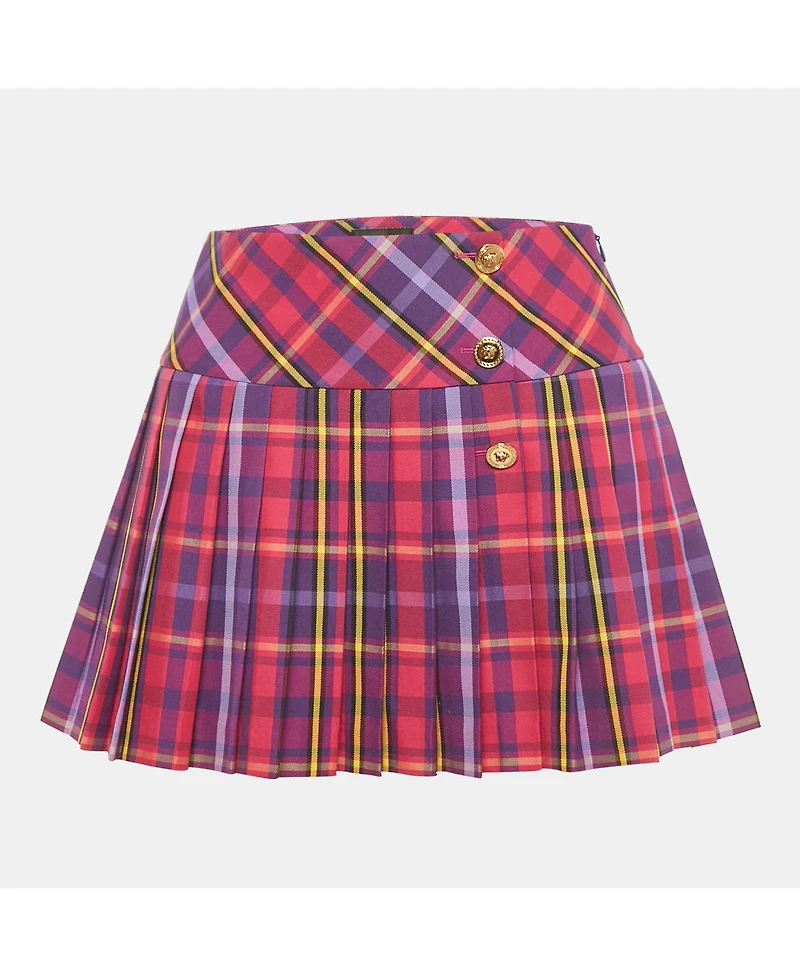 Pre-Owned Versace Women's Purple/multicolor Plaid Cotton Blend Pleated Skirt