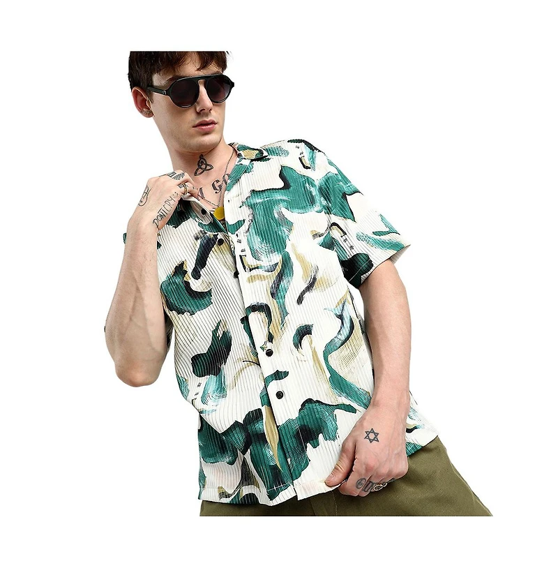 Campus Sutra Men's Emerald Green Oversized Swirl Strokes Shirt
