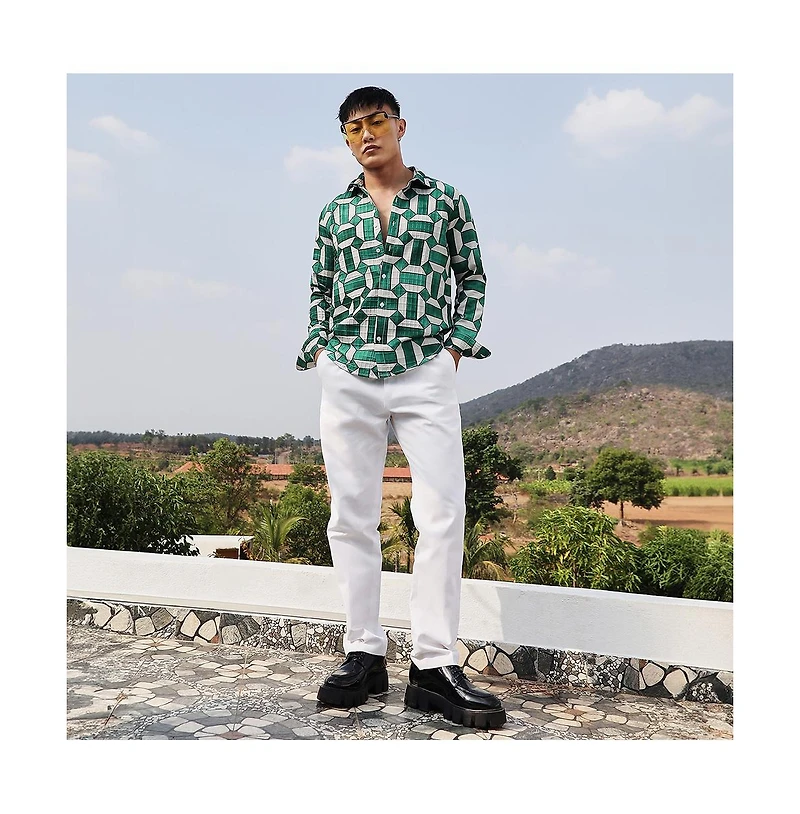 Campus Sutra Men's Emerald Green & Ivory White Contrast Block Shirt