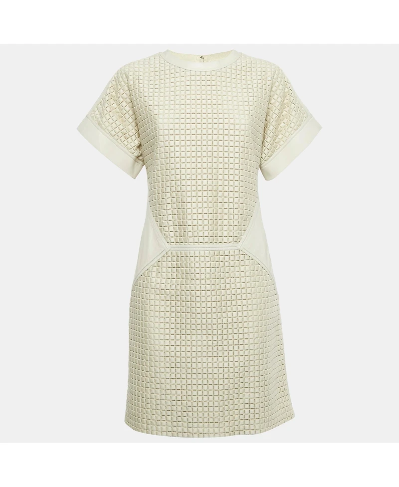 Pre-Owned Salvatore Ferragamo Women's Light Grey Patterned Cotton And Leather Short Dress