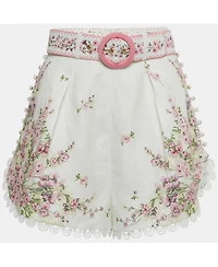 Pre-Owned Zimmermann Women's Pink/white Floral Print Linen Scallop Shorts