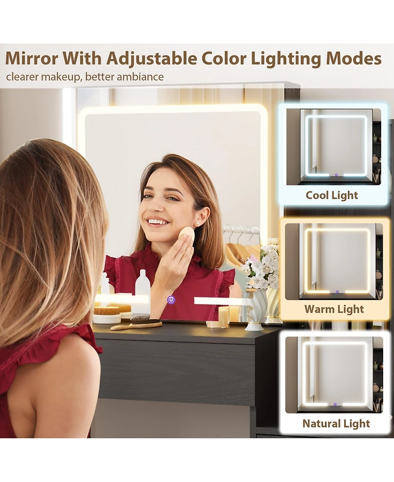 gaomon Vanity Desk with Sliding Mirror and Lights, Modern Makeup Table 4 Drawers 7 Storage Shelves