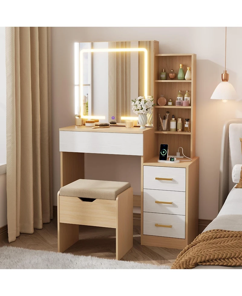 gaomon Vanity Desk with Sliding Mirror and Lights, Modern Makeup Vanity Table with 4 Drawers and 7 Storage Shelves