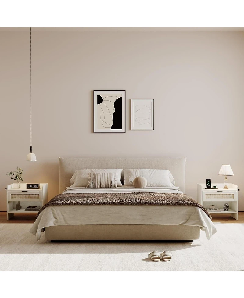 gaomon Rattan Nightstand, Bedside Table with Type-c Charging Station - 1 Storage Drawer & Open Storage Space, Boho End Table Side Table