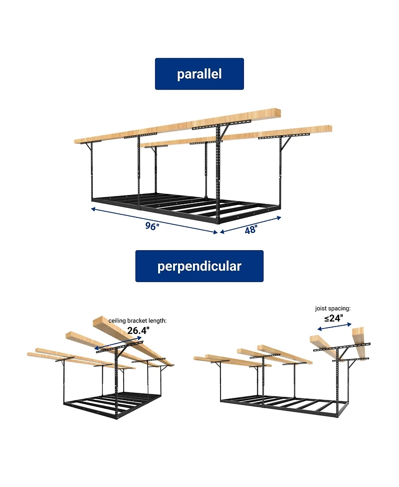 Max Series Frame 48 in. W x 96 in. D x 24 - 40 in. H Black Heavy Duty Ceiling Mounted Overhead Garage Storage Rack-GR48FBMAX-e