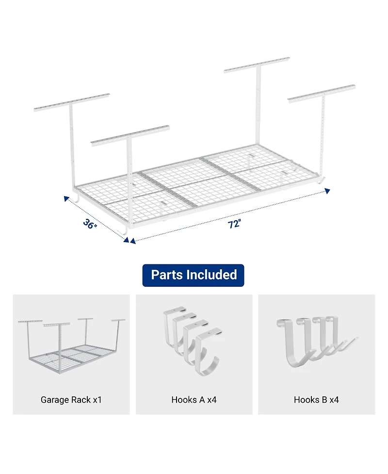 Fleximounts Ohk Series Ceiling Mounted Overhead Garage Storage Rack, White — 36" X 72"