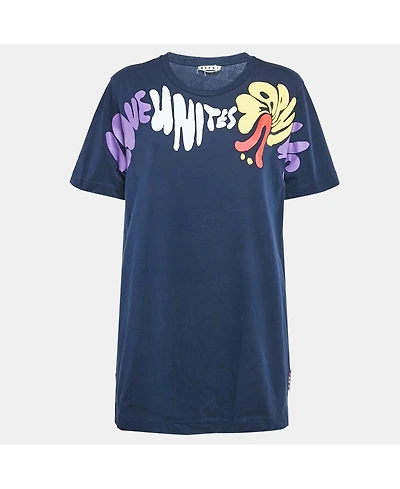 Pre-Owned Marni Women's Navy Blue Printed Cotton Crew Neck T-Shirt