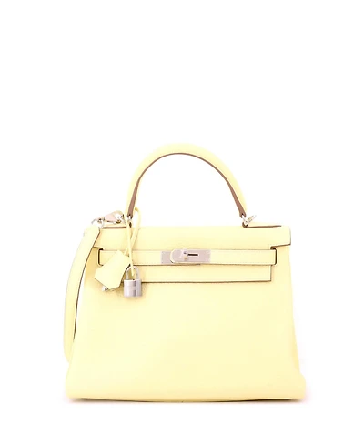 Pre-Owned HERMES Kelly 28 Handbag Yellow Clemence with Palladium Hardware