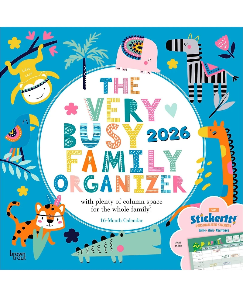 BrownTrout Plastic-Free Matte Paper Monthly Wall Calendar with Sticker Sheet, 12 x 24 Inch, The Very Busy Family Organizer 2026