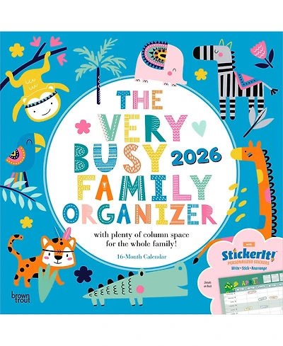 BrownTrout Plastic-Free Matte Paper Monthly Wall Calendar with Sticker Sheet, 12 x 24 Inch, The Very Busy Family Organizer 2026