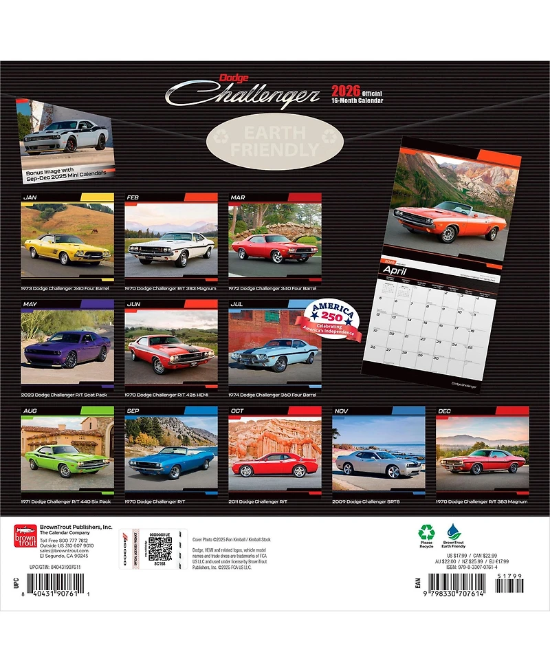 BrownTrout Dodge Challenger Official | 2026 12 x 24 Inch (Hanging) Monthly Square Wall Calendar | Plastic-Free
