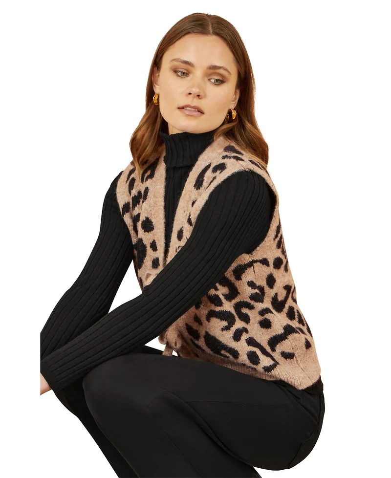 Yumi Women's Knitted Cheetah Print Tie Waistcoat