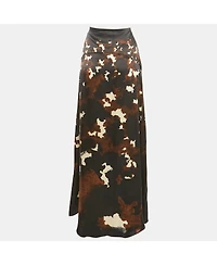 Pre-Owned Roberto Cavalli Women's Black/brown Printed Satin Silk Maxi Skirt