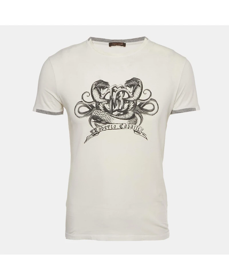 Pre-Owned Roberto Cavalli Men's Cream Printed Jersey T-Shirt
