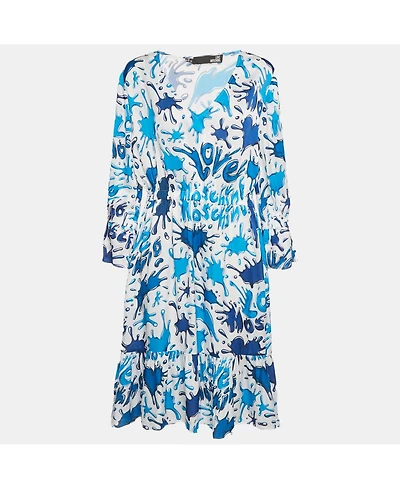 Pre-Owned Love Moschino Women's Blue/white Paint Splashed Satin Midi Dress