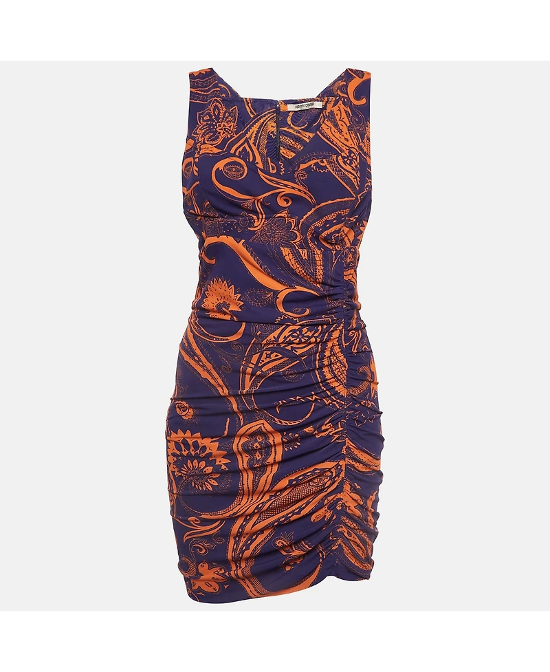 Pre-Owned Roberto Cavalli Women's Purple & Orange Printed Jersey Ruched Mini Dress