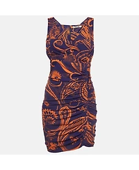 Pre-Owned Roberto Cavalli Women's Purple & Orange Printed Jersey Ruched Mini Dress
