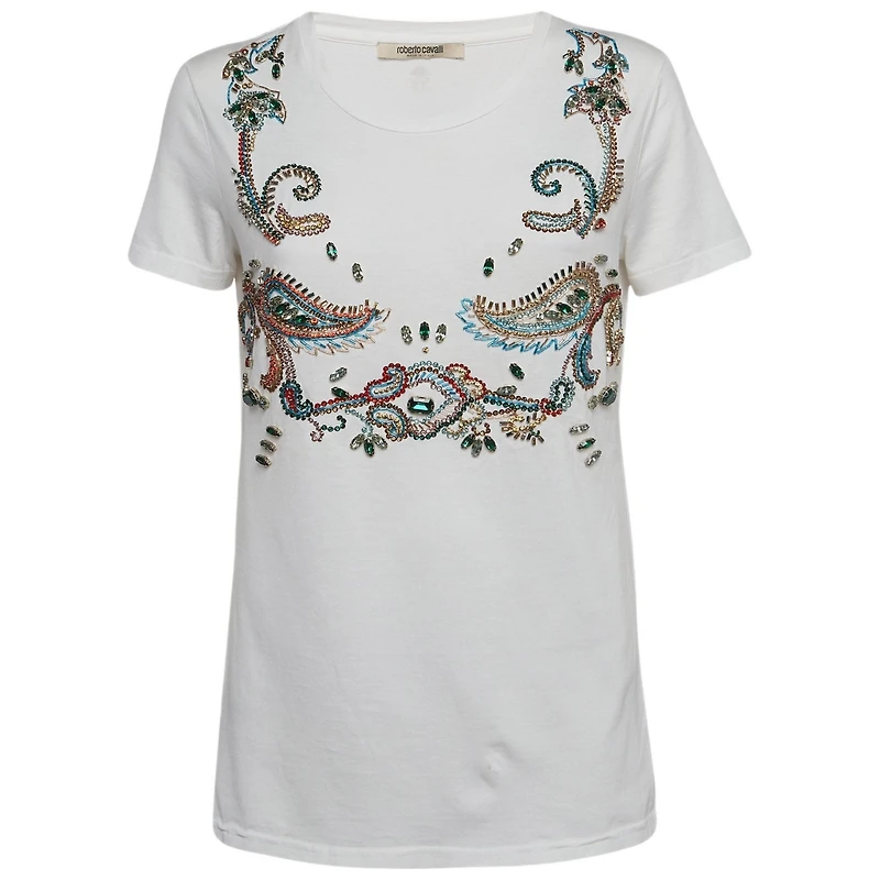 Pre-Owned Roberto Cavalli Women's White Crystal Embellished Knit Top