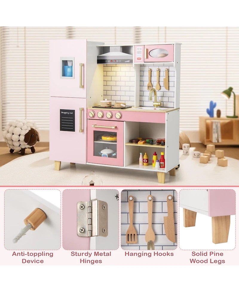 Skonyon Wooden Pretend Play Kitchen With Ice Maker Range Hood And Blackboard.