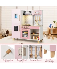 Skonyon Wooden Pretend Play Kitchen With Ice Maker Range Hood And Blackboard.
