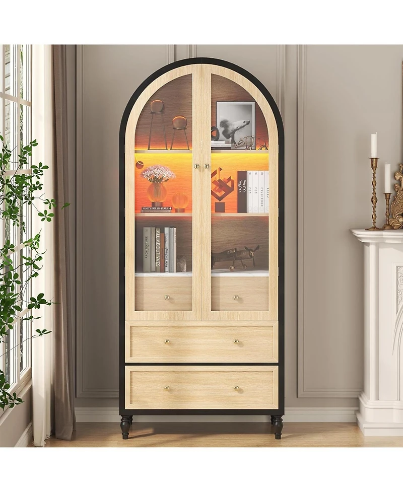 Gaomon 70" Arched Pantry Cabinet with Led Lights, 3 Drawers, Adjustable Shelf & Glass Doors, Black & Oak