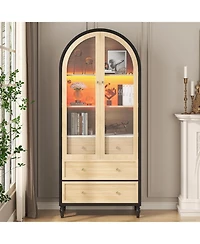 Gaomon 70" Arched Pantry Cabinet with Led Lights, 3 Drawers, Adjustable Shelf & Glass Doors, Black & Oak