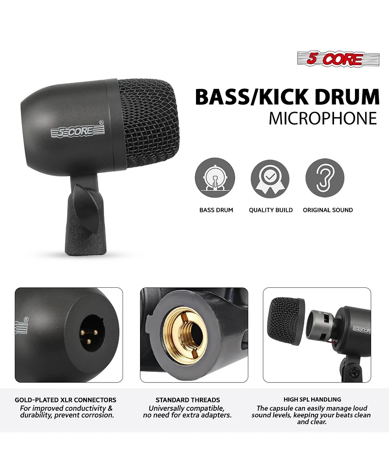 5 Core Drum Microphone Kit 9Pc All Metal Drummer Mics Tom/Snare Cymbals Wired Instrument Drums Set