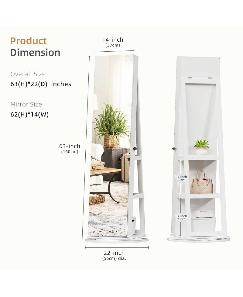 Vlsrka 360-degree Rotatable Floor Standing Full-Length Jewelry Armoire