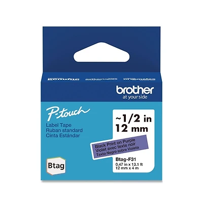 Brother P-Touch BtagF31 0.47 in. x 13.1 ft. Genuine P-Touch BTAG Label Tapes - Black on Purple