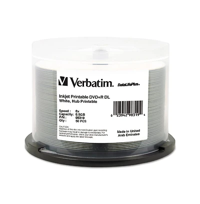Verbatim 98319 Dvd+r Dual Layer Recordable Disc, 8.5gb, 8x, Printable, Spindle (50/Pack