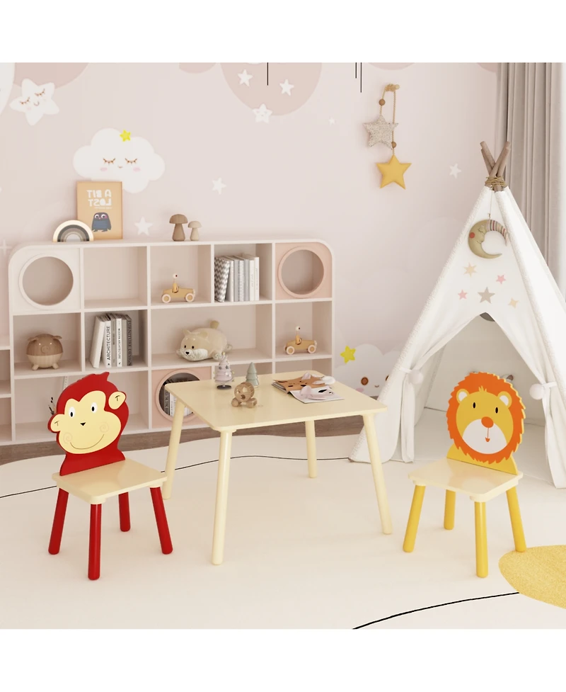 sumyeg 3-Piece Kids Table and Chair Set with Lion and Monkey Theme in Natural