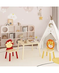 sumyeg 3-Piece Kids Table and Chair Set with Lion and Monkey Theme in Natural