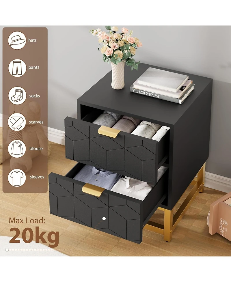 gaomon 2 Drawer Dresser, Modern Small Nightstand with Gold Handles, Wood Storage Cabinet for Bedroom, Nursery, Entryway