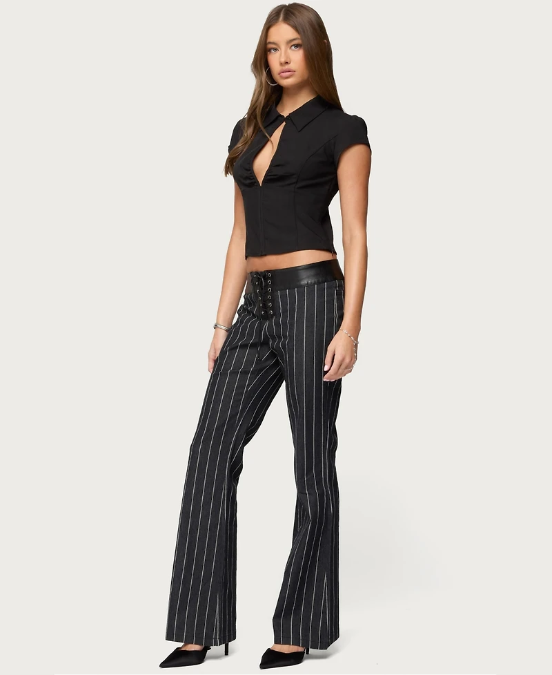 Edikted Women's Pinstripe & Faux Leather Low Rise Flared Jeans