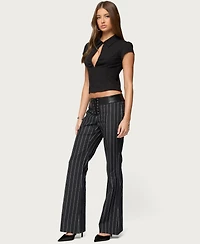 Edikted Women's Pinstripe & Faux Leather Low Rise Flared Jeans
