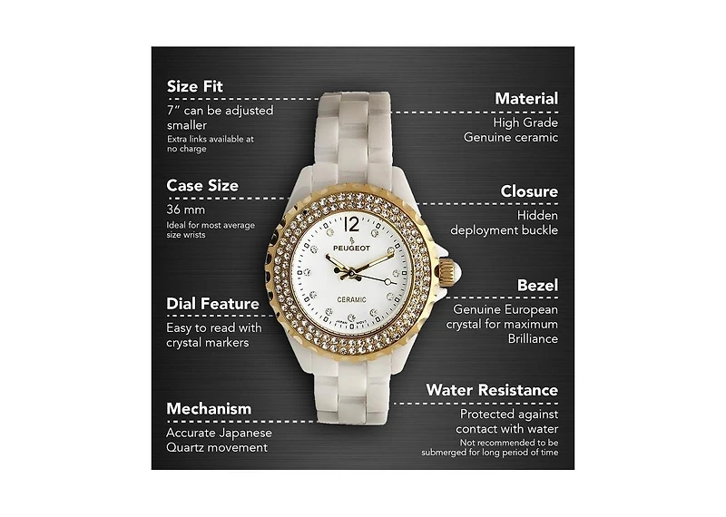 Peugeot Women's 36mm White Ceramic Watch with Gold Crystal Bezel