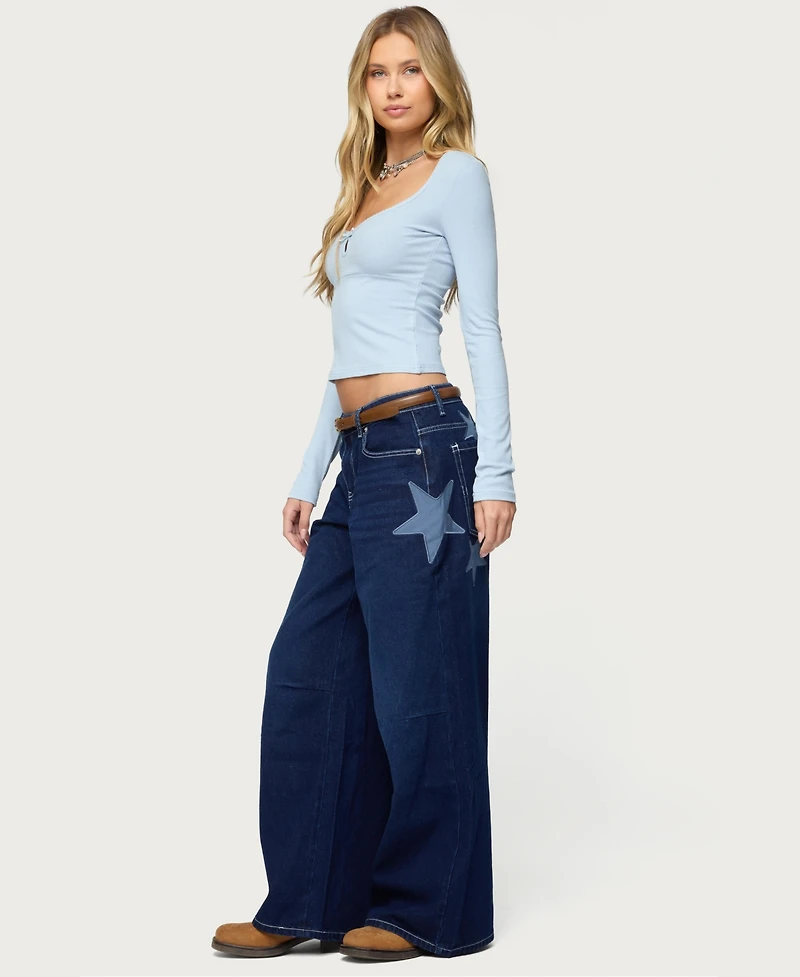 Edikted Women's Trish Satin Effect Stars Low Rise Jeans