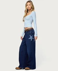 Edikted Women's Trish Satin Effect Stars Low Rise Jeans