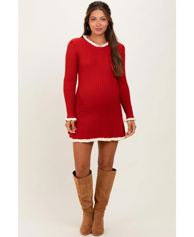 Pinkblush Maternity Black Ribbed Knit Contrast Ruffle Trim Mini Dress