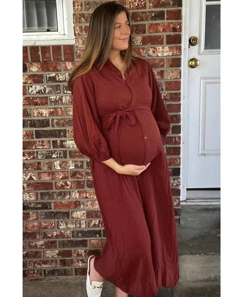 Pinkblush Maternity Blue Gauze Belted Shirt Midi Dress
