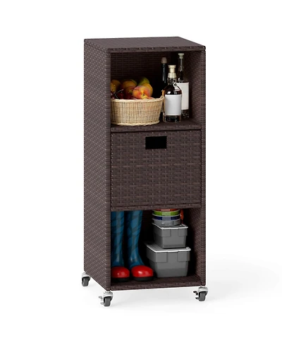 Costway Outdoor Storage Cabinet with Storage Shelves Drawer and Rolling Wheels for Porch