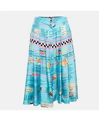 Pre-Owned Moschino Women's Couture Blue Drive In Menu Print Silk Pleated Midi Skirt