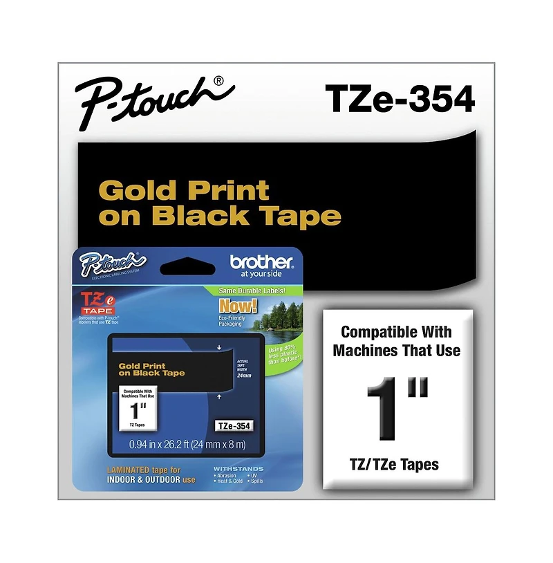 Brother P-Touch TZE354 0.94 in. x 26.2 ft. TZe Standard Adhesive Laminated Labeling Tape - Gold on Black