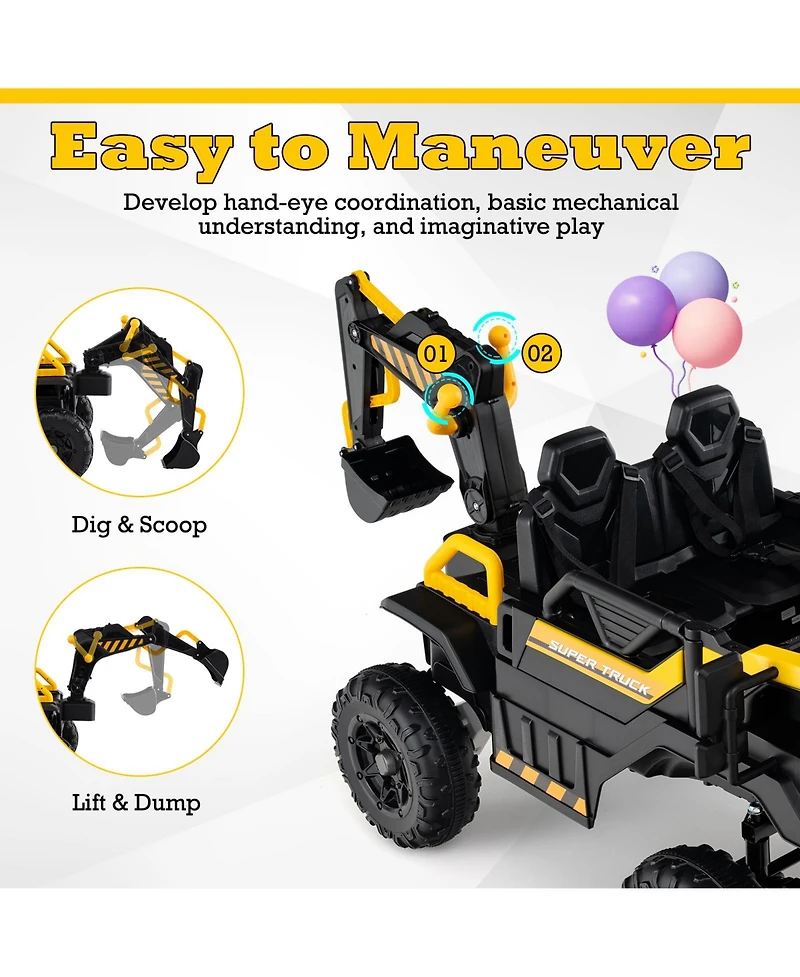 Hongge 24V 4WD Ride-On Excavator for Kids with Remote Control and Digging Arm - Yellow